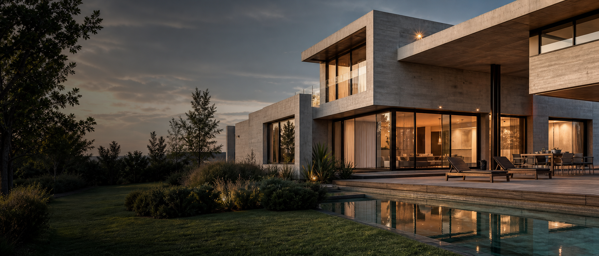 Casa contemporánea con grandes ventanales y piscina al atardecer
